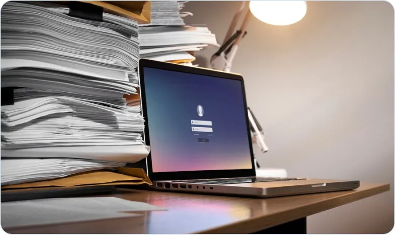 Laptop and paperwork on a desk